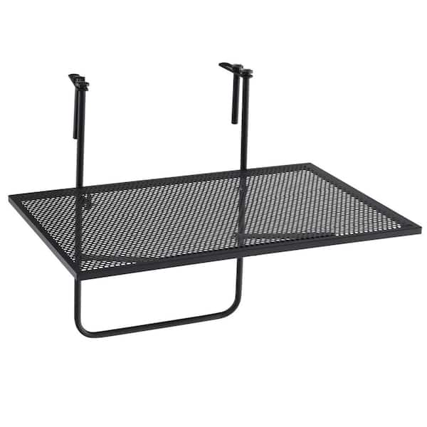 Black Metal 20 in. Outdoor Balcony Railing Table with Adjustable Hooks Hanging Folding Deck Table Plant Stand