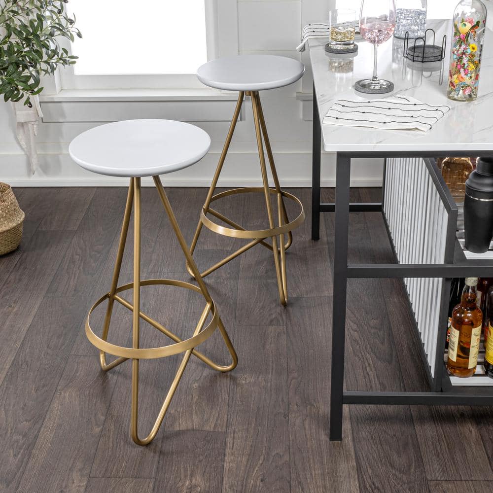 JONATHAN Y Spiroa 30 in. Modern Industrial Metal Backless Circular Bar Stool, White Seat with Gold Frame