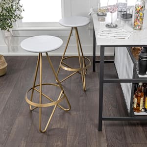Spiroa 30 in. Modern Industrial Metal Backless Circular Bar Stool, White Seat with Gold Frame