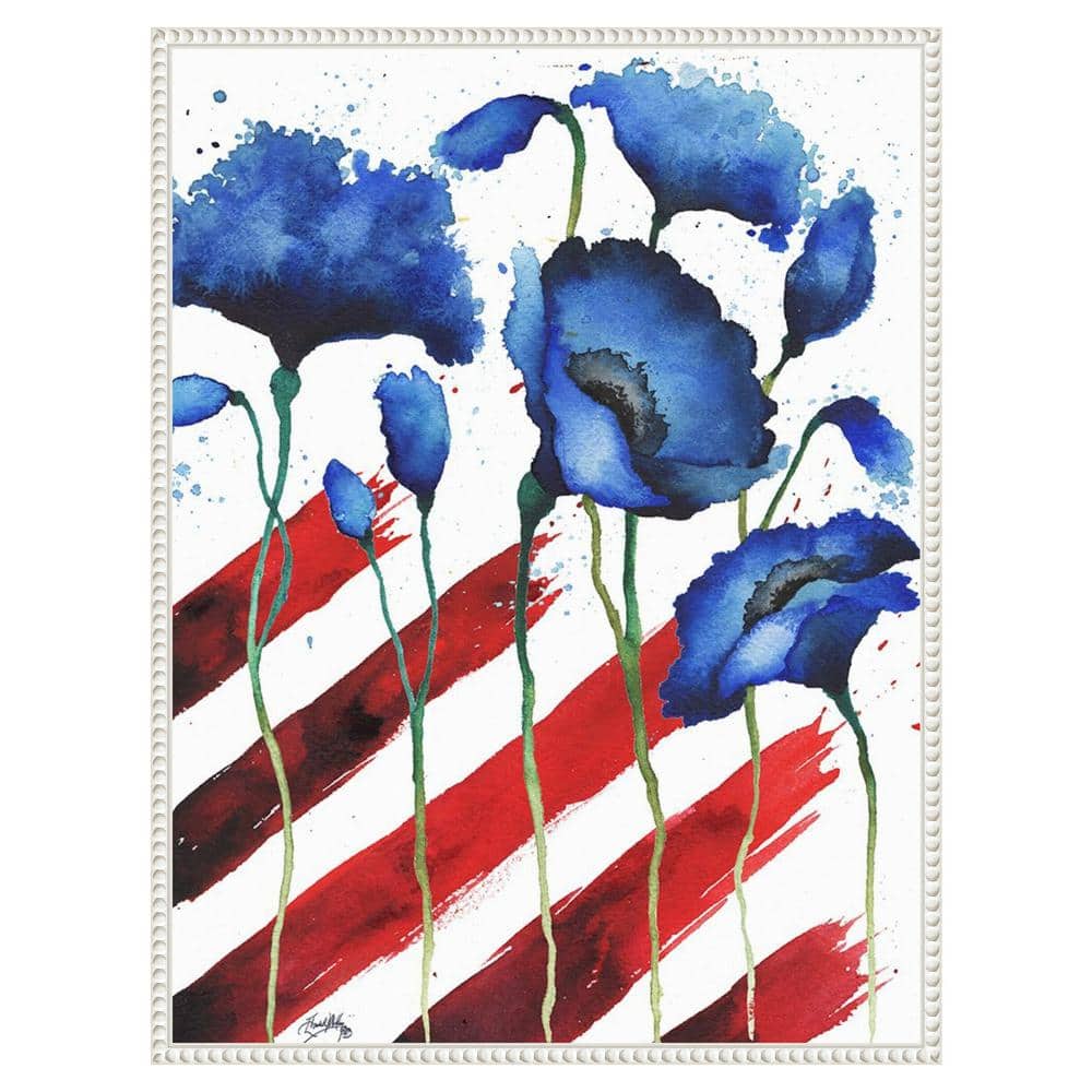 Patriotic Floral II Blue and Red Canvas Wall Art with White Frame