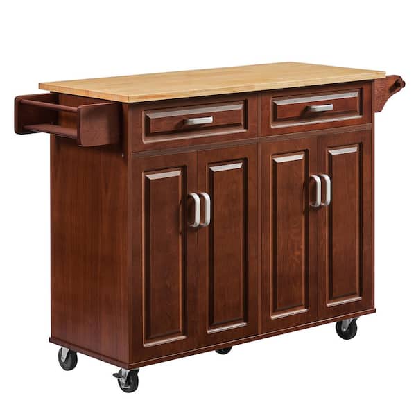 FAMYYT Rolling Brown Wood 54 in. Kitchen Island with Adjustable Shelf, Drawers and Spice Rack
