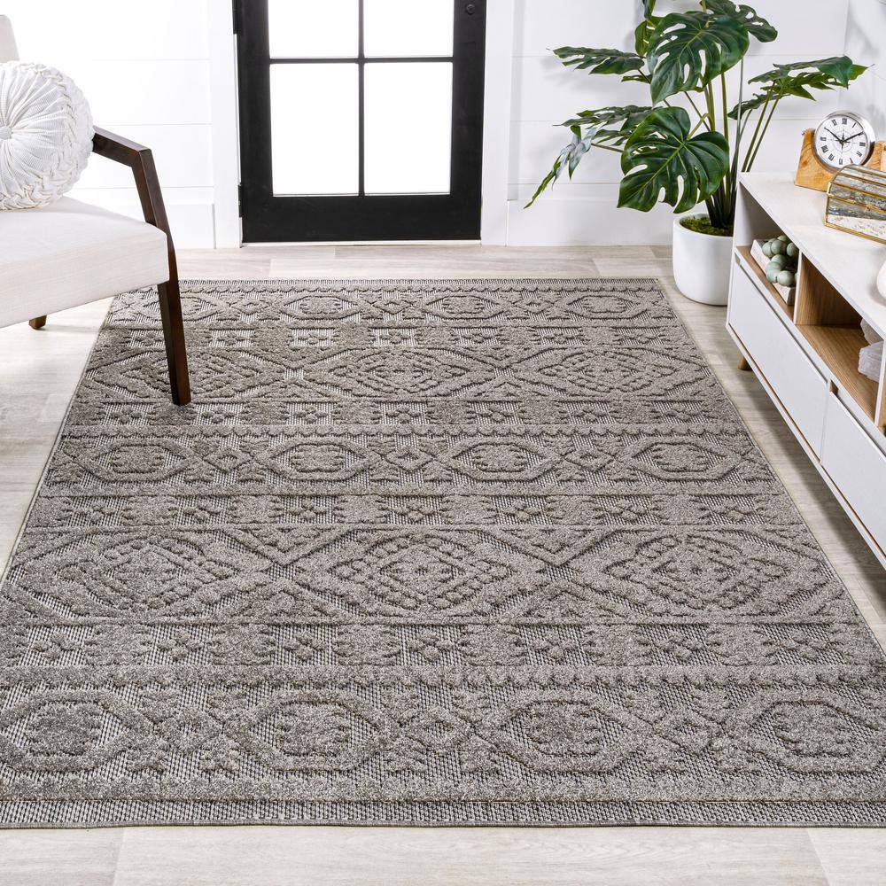 Dark Gray and Ivory Geometric Synthetic Indoor/Outdoor Area Rug