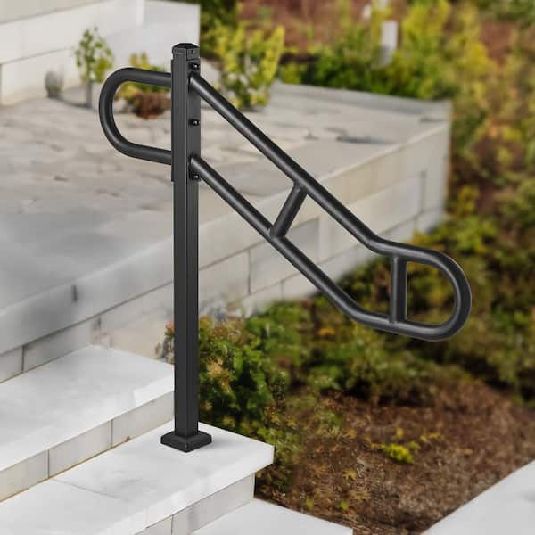 Single Post Handrail for Outdoor 1-3 Step 35.43 in. H x 3.46 in. W Black Handrail Carbon Steel Stair Railing Kit