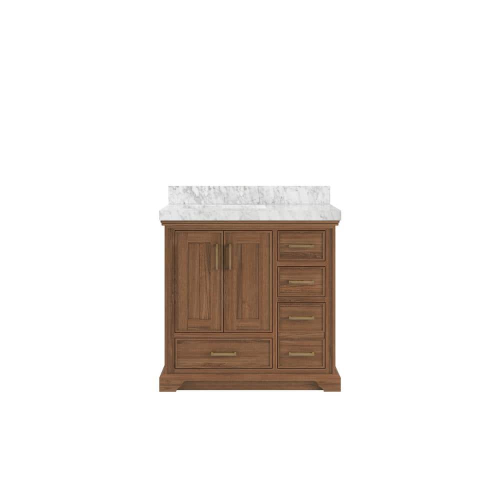 "Charlotte Teak 36 in. W x 22 in. D x 36 in. H Left Offset Sink Bath Vanity in Dark Natural with 2"" Carrara Marble Top" price history on PriceWatchPro