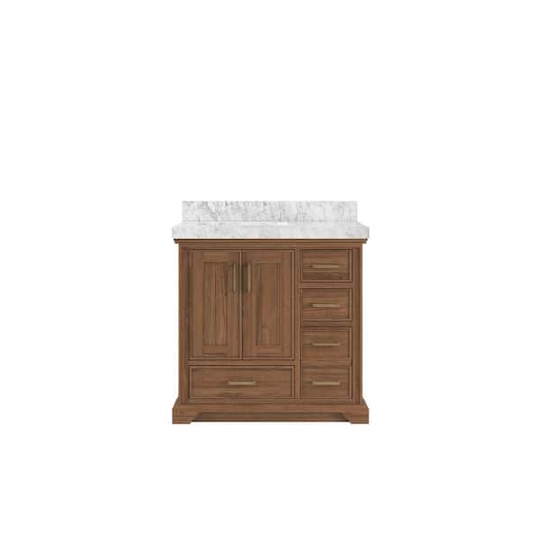 Willow Collections Charlotte Teak 36 in. W x 22 in. D x 36 in. H Left Offset Sink Bath Vanity in Dark Natural with 2" Carrara Marble Top