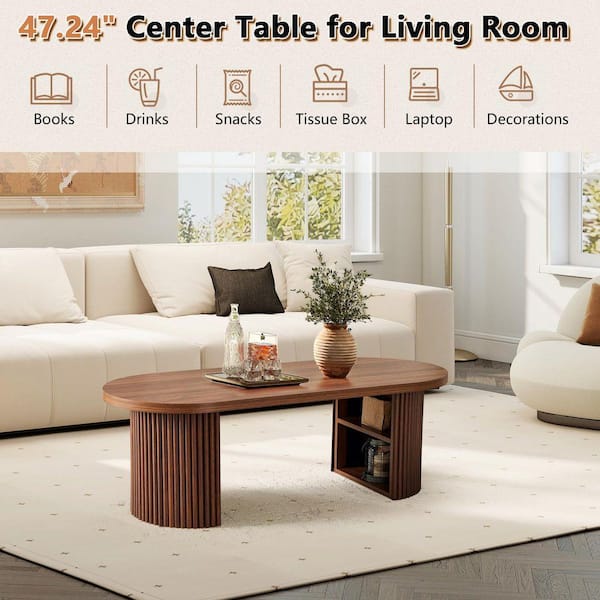 ATHMILE 47.24 in. Walnut Oval MDF Coffee Table with 2 Storage