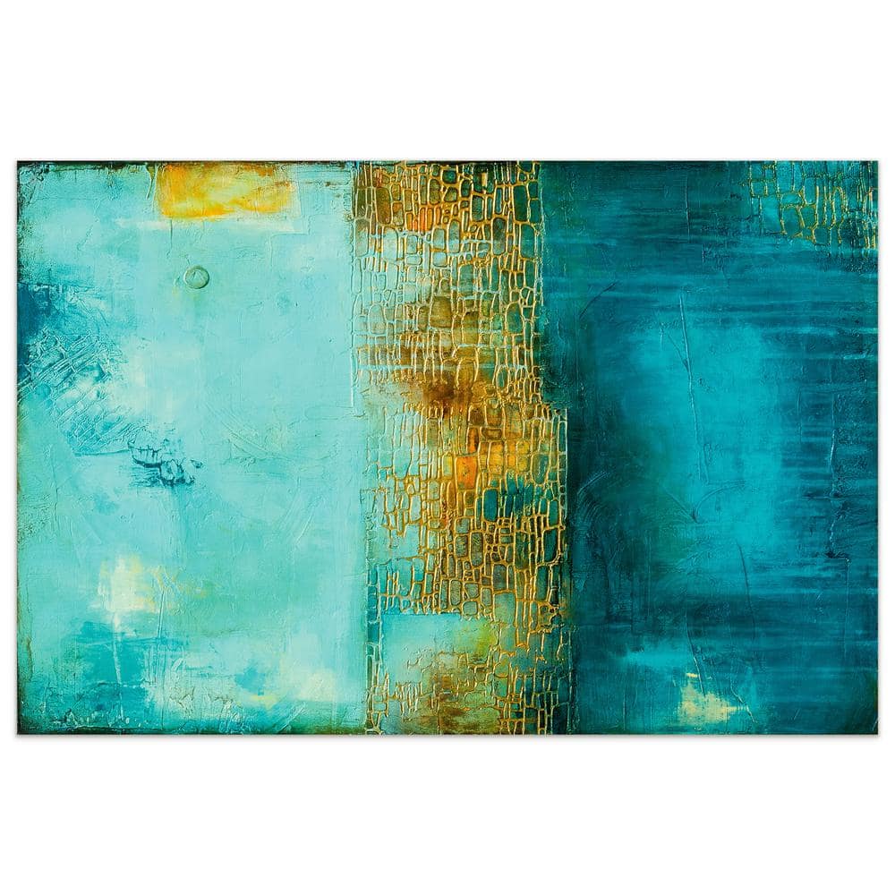 Castle Court Abstract Expressionism Blue and Orange Glass Wall Art, 32" x 48"