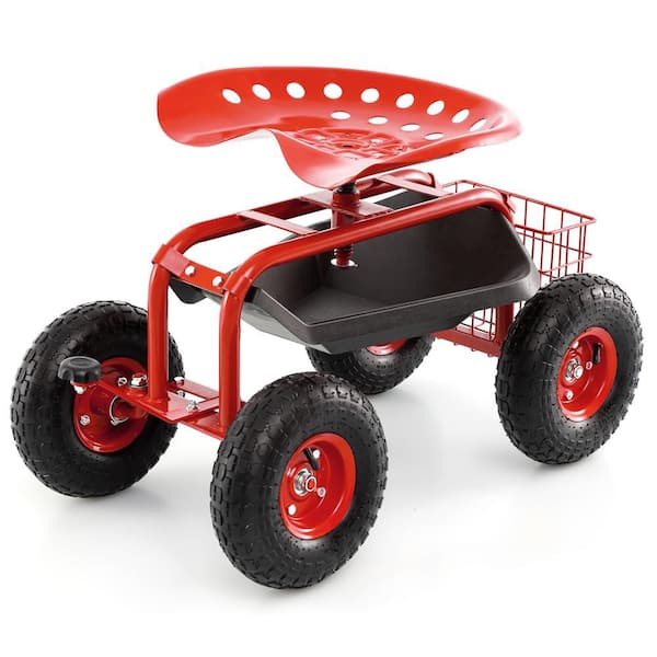 Metal Rolling Garden Cart Wagon Scooter with 360° Swivel Seat and Storage Tray and Basket Red