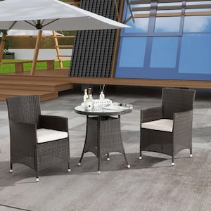3-Piece Wicker Round Tempered Glass Tabletop Outdoor Dining Set with White Cushions