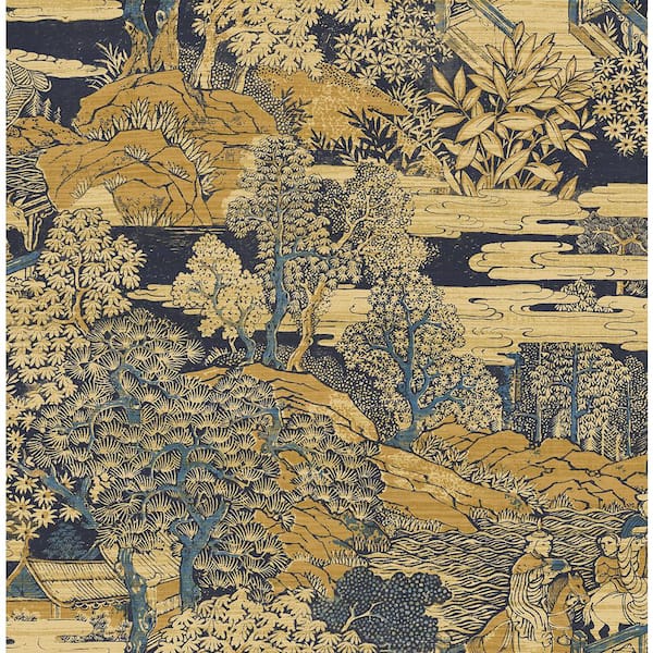 56 sq. ft. Navy Blue & Mustard Tory Garden Paper Unpasted Wallpaper Roll