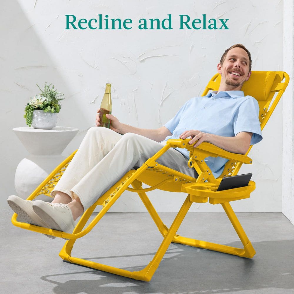 Sunflower Yellow Steel Zero Gravity Beach Lounger with Armrests