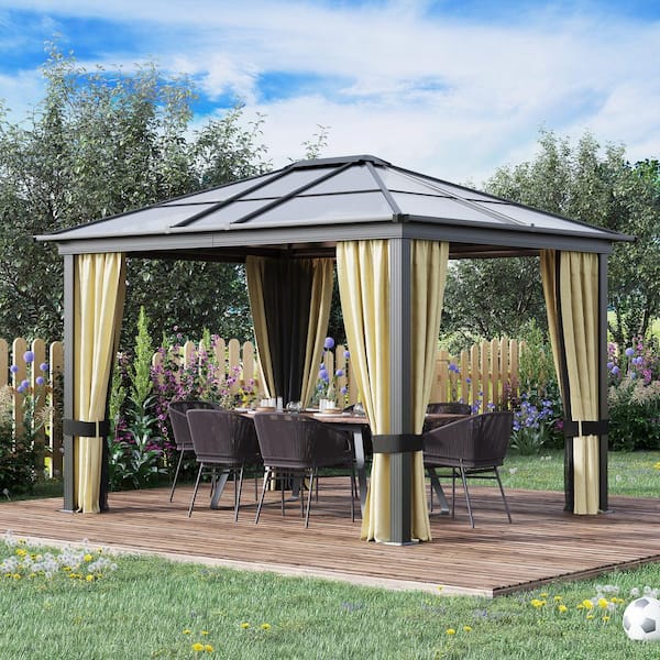 Unbranded Outdoor 10 ft. x 12 ft. Beige Hardtop Gazebo Canopy with Polycarbonate Roof and Aluminum Frame