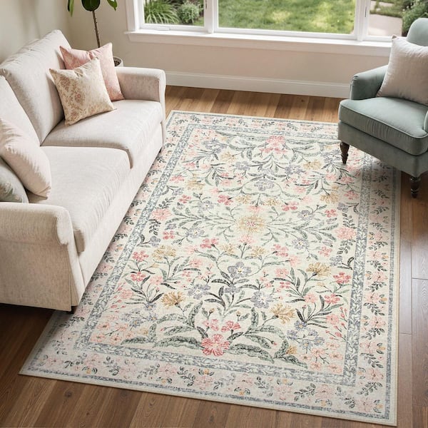 Oriental Floral Beige Soft Non-Slip 5 ft. x 7 ft. Living Room/Bedroom Indoor Area Rug