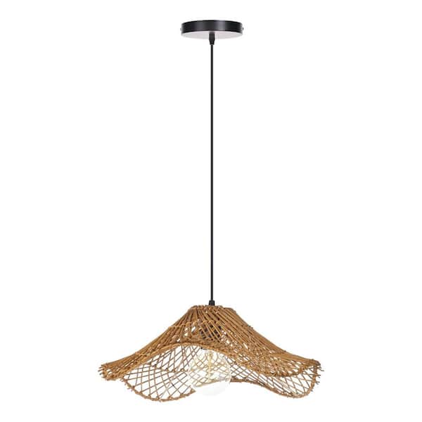 1 Light Natural Rattan Handwoven Pendant Light with Wave Design, No Bulbs Included 16 in.
