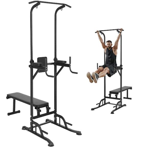 Power Tower with Bench, 10-Level Height Adjustable Pull Up Bar Stand Dip Station and Bench Backrest Elbow Pads, 440 lbs.