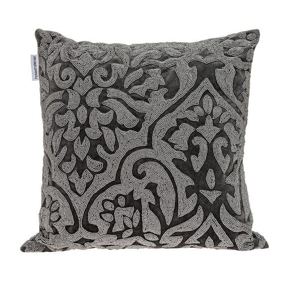 PARKLAND COLLECTION Carmela Transitional 18 in. x 18 in. Gray Beaded Throw Pillow