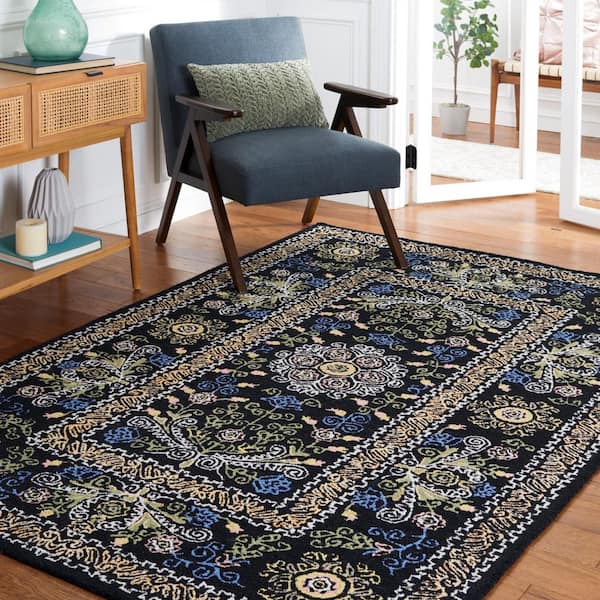 Micro-Loop Black/Green Doormat 3 ft. x 4 ft. Floral Border Area Rug