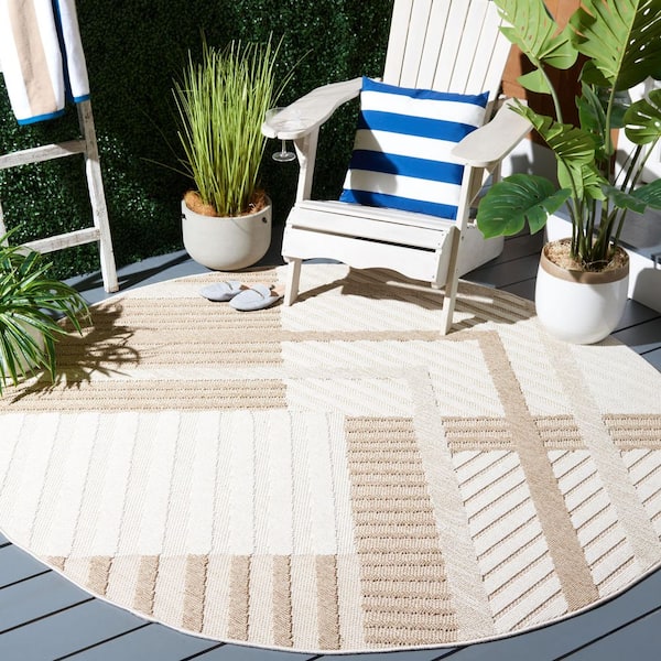 Global Beige/Light Beige 8 ft. x 8 ft. Abstract Chevron Round Indoor/Outdoor Area Rug