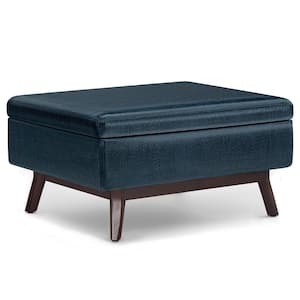 Owen 34 in. Wide Mid Century Modern Rectangle Coffee Table Storage Ottoman in Distressed Dark Blue Vegan Faux Leather
