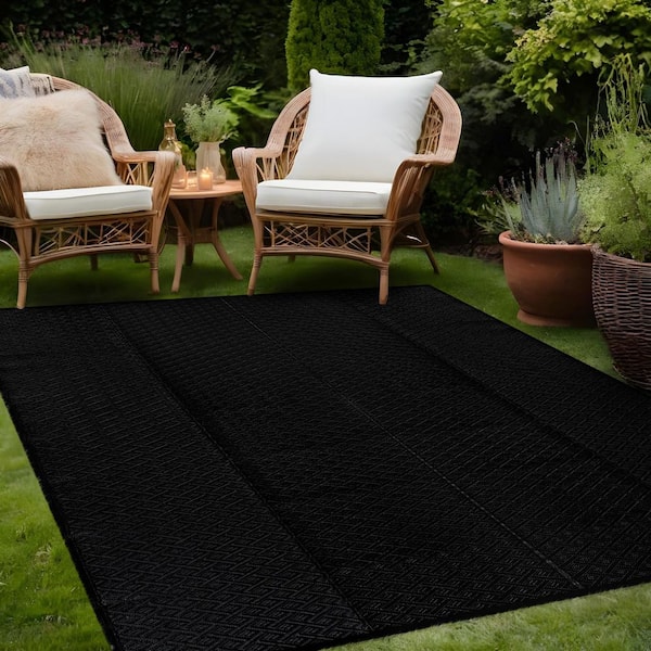 Jewel Black 10 ft. x 14 ft. Diamond Geometric Washable Trellis Reversible Indoor Outdoor Area Rug