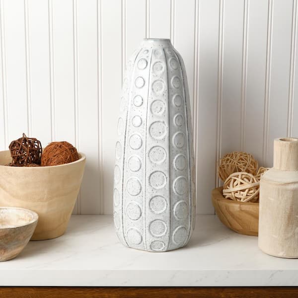Mikasa 15.5 in. White Embossed Dot Textured Ceramic Vase