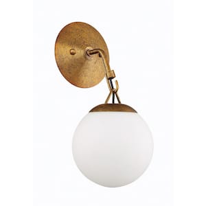 Orion 6 in. 1-Light Patina Aged Brass Wall Sconce with Frost White Glass