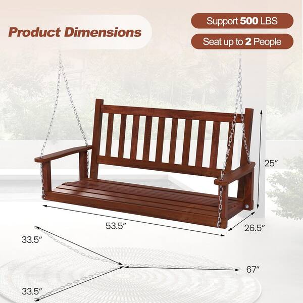 Gymax 2-Person Brown Wooden Porch Swing Hanging Swing Chair with
