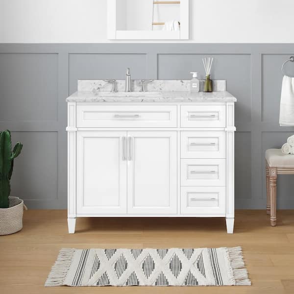 Home Decorators Collection Caville 42 in. W x 22 in. D x 34 in. H Single Sink Bath Vanity in White with Carrara Marble Top