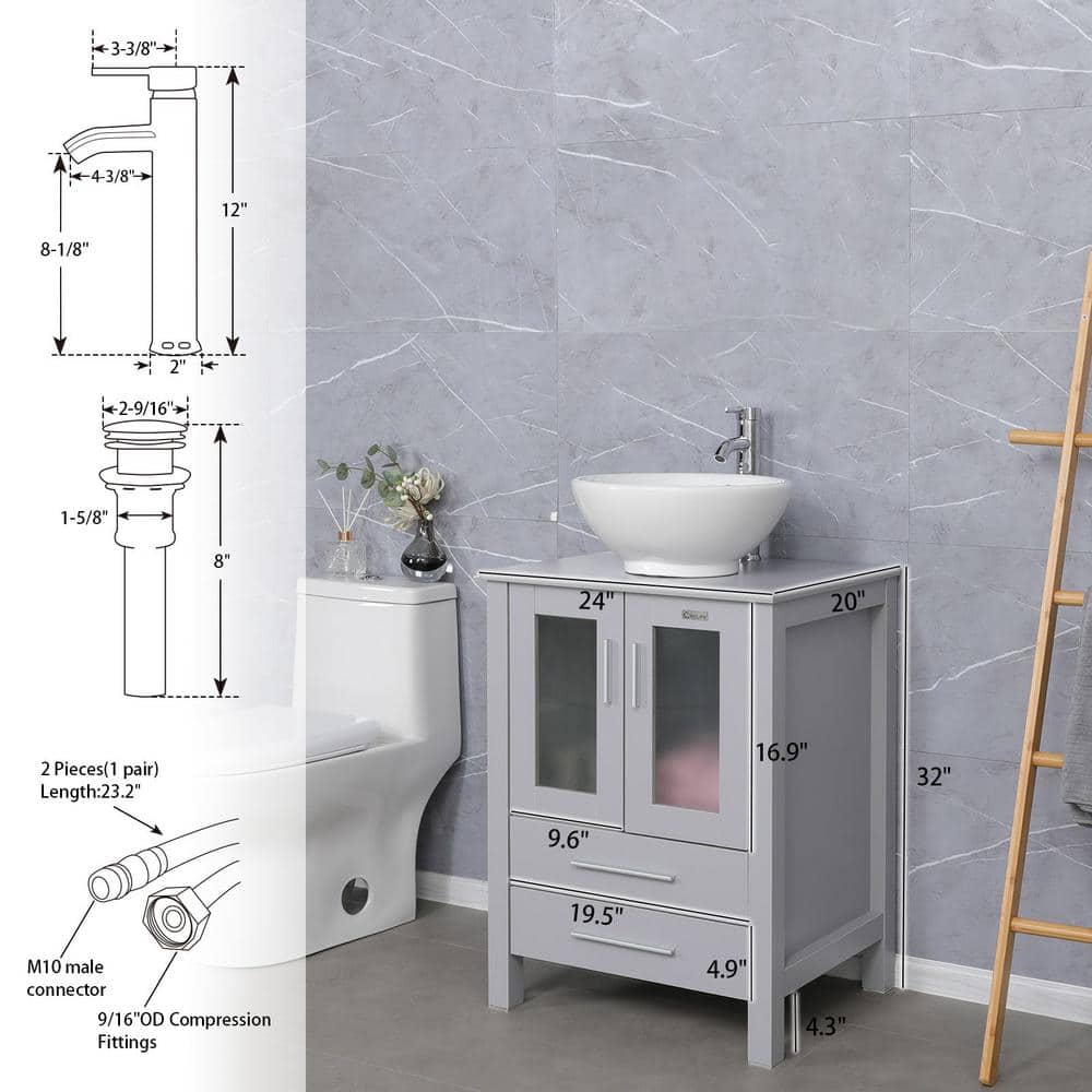 Gray MDF Single Sink Bath Vanity with White Ceramic Top and Chrome Faucet