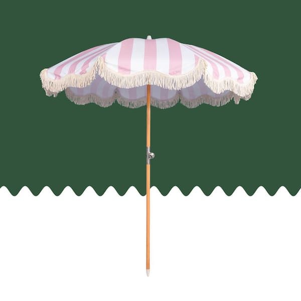 6.5ft Beech Wood Outdoor Beach Umbrella in Pink Stripe with Tassel