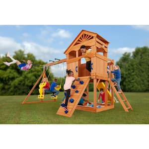 Timber Valley Wood Complete Swing Set with Wood Roof, Glider Swing, Blue Playset Accessories and Yellow Slide