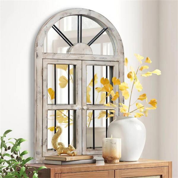 Dovelina 26 in. W. x 38 in. H Arched Window Framed Weathered Whitewall Mirror