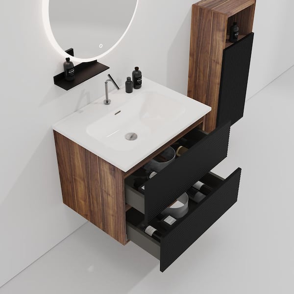 Glory 24 in. Single Sink Wall Mounted Walnut with Soft Black Panel Bath Vanity with White Integrated Ceramic Top Sink