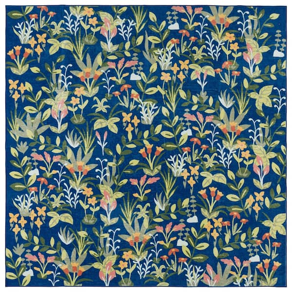 SAFAVIEH Martha Stewart Washable Navy/Gold 6 ft. x 6 ft. Machine Washable Botanical Floral Square Area Rug
