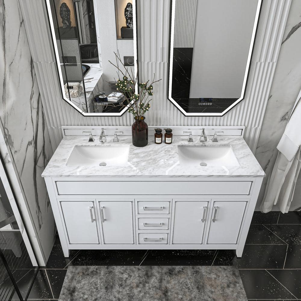 Aspen 60'' White Double Sink Bathroom Vanity with Marble Top