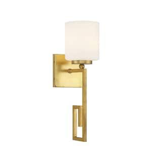 Quatrain 4.75 in. W x 16.25 in. H 1-Light True Gold Wall Sconce with White Opal Glass Shade