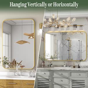 30 in. W x 40 in. H Rectangular Modern Aluminum Alloy Framed Rounded Gold Wall Mirror