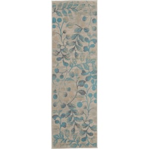 Tranquil Ivory/Turquoise 2 ft. x 7 ft. Floral Modern Kitchen Runner Area Rug