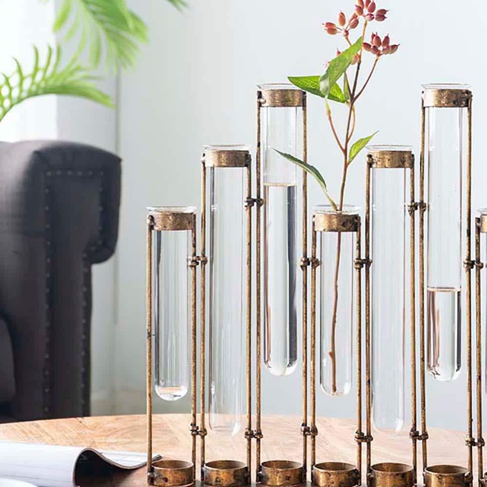 13.8 in. Bronze Metal Bottle Vase Transprent Glass Vase Test Tube
