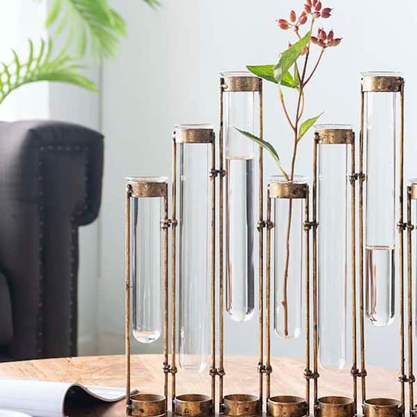 13.8 in. Bronze Metal Bottle Vase Transprent Glass Vase Test Tube Vase Hydrophilic Plants Vase Plant Holder Home Decor P423054Q