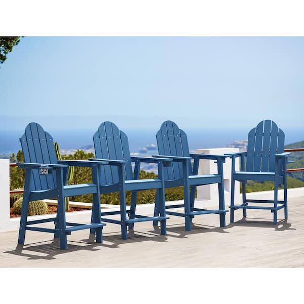 OrangeOne Hampton Navy Blue Plastic Patio Tall Adirondack Chair Weather Resistant Outdoor Bar Stool with Cup Holder (Set of 4)