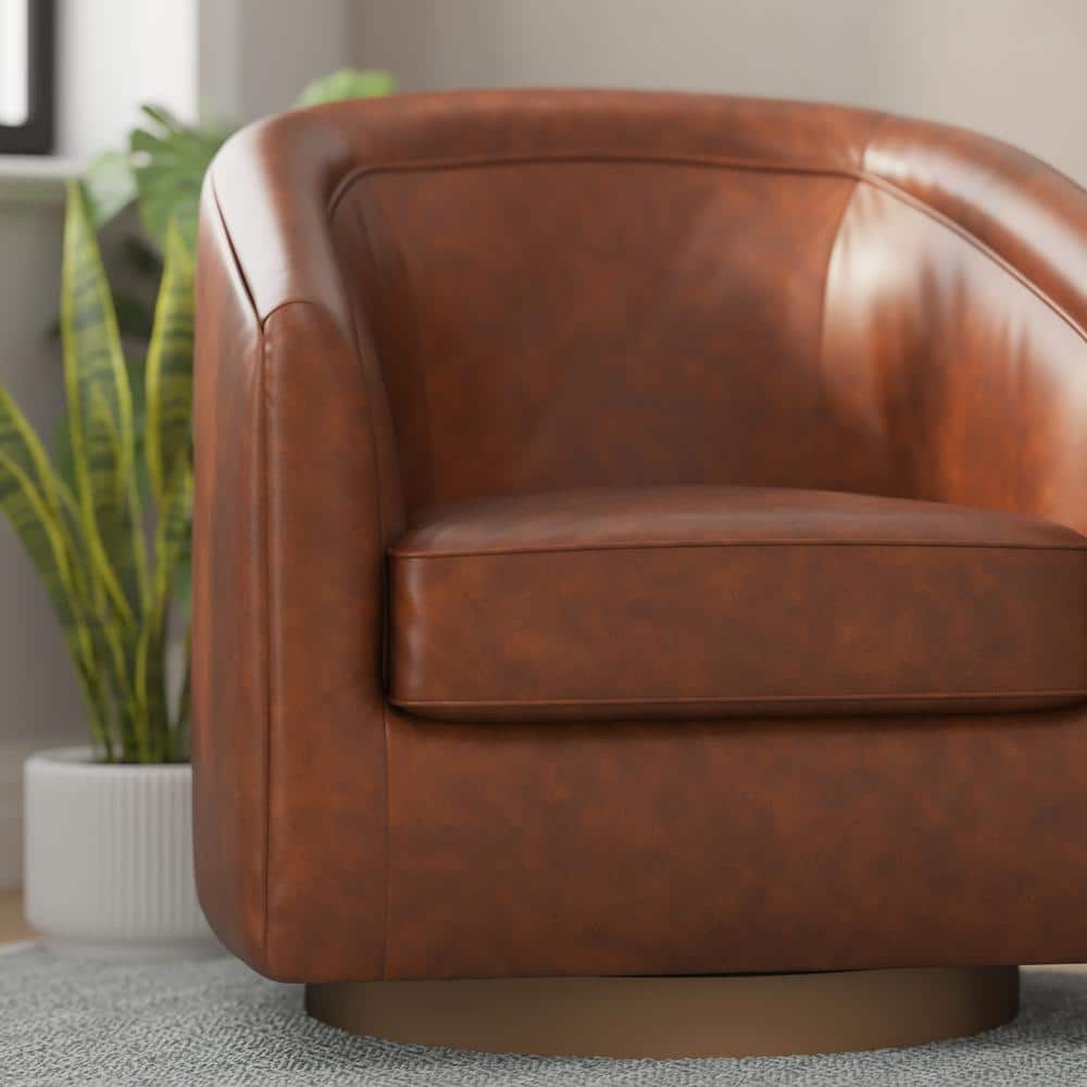 Brown Faux Leather Swivel Barrel Chair with Wood Base