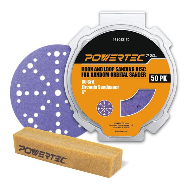 ‎POWERTEC 6 in. 80-Grit Zirconia Hook and Loop Film Backing Sanding Disc (50PK) for Orbital Sanders with Abrasive Cleaning Stick