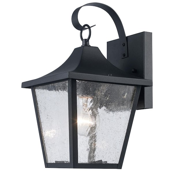 Bel Air Lighting Rasmussen 1-Light Black Small Outdoor Wall Light Fixture with Seeded Glass