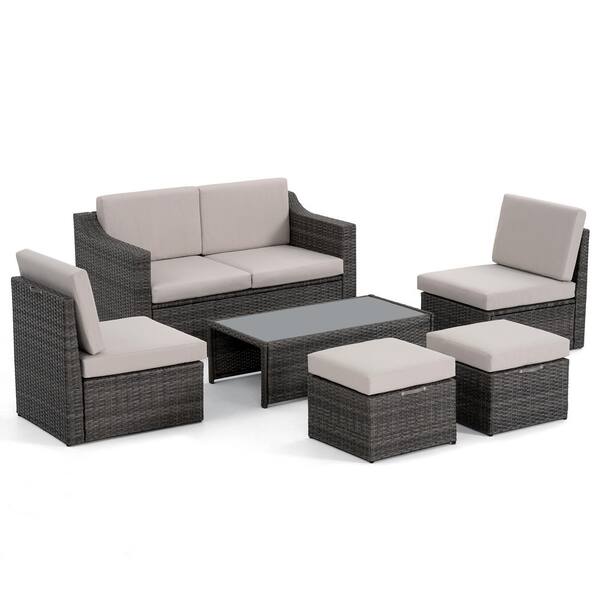 ChillPavilion 6-Piece Wicker Patio Conversation Set with Beige Cushions