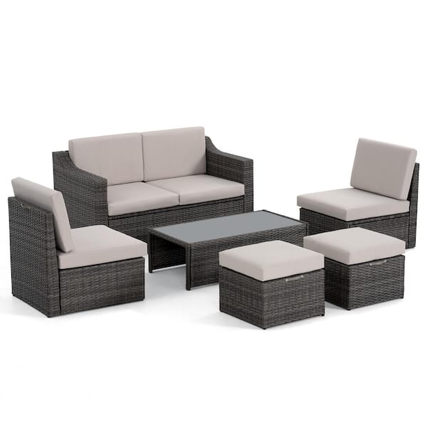 ChillPavilion 6 Piece Wicker Patio Conversation Set With Beige Cushions   Patio Conversation Sets Cp Sf6 Gb Hd5 64 600 