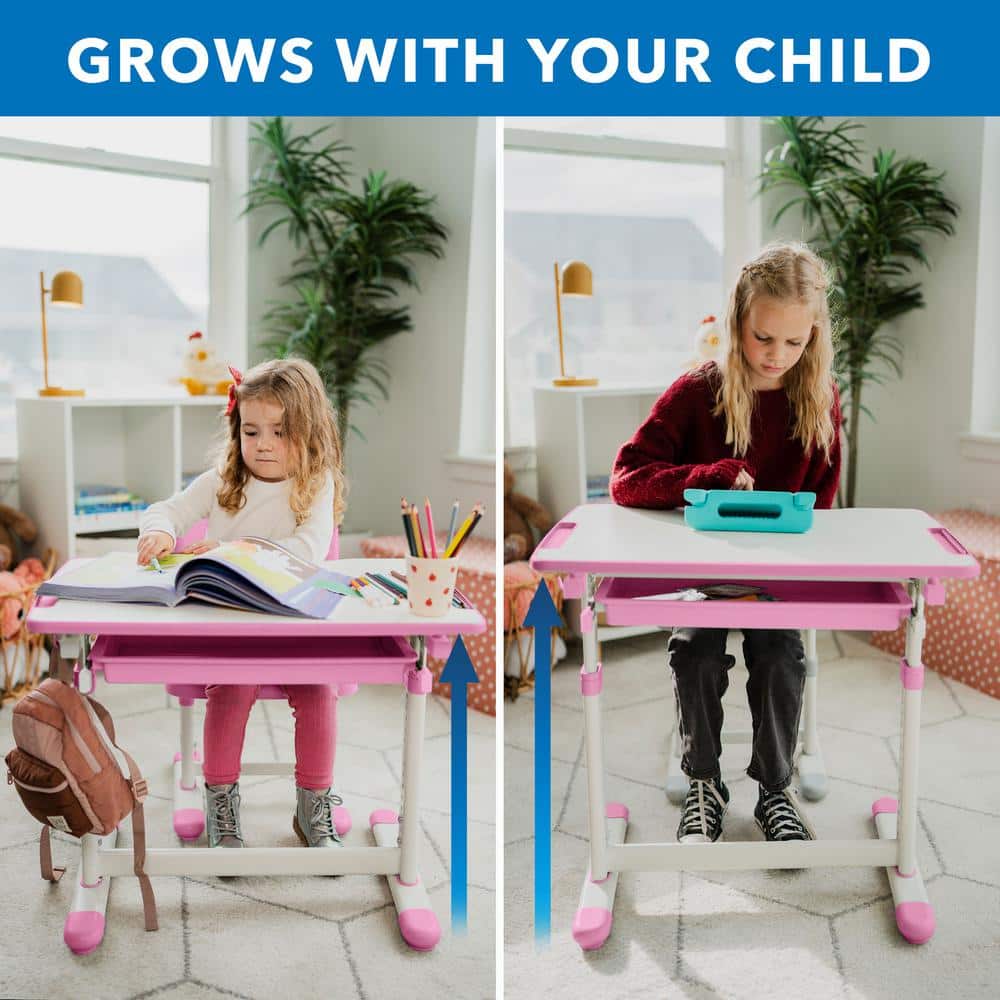 Pink Adjustable Height Kids Desk and Chair Set with Storage Drawer