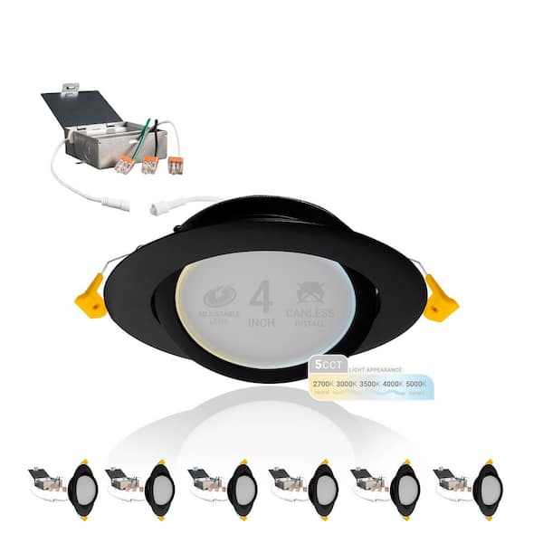 4 in. Canless 2700K-5000K 5 CCT 9W New Construction Integrated LED Recessed Light Kit in Black (6-Pack)
