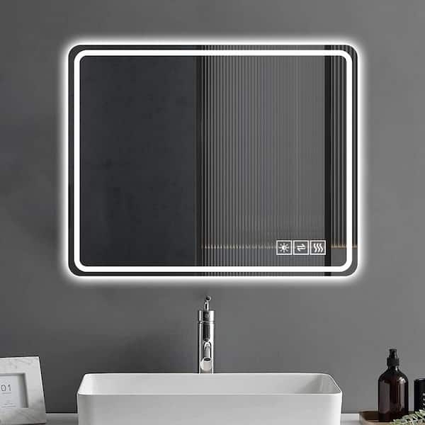 WELLFOR 40 in. W x 32 in. H Rectangular Frameless Dimmable Anti-Fog Wall Bathroom Vanity Mirror in White
