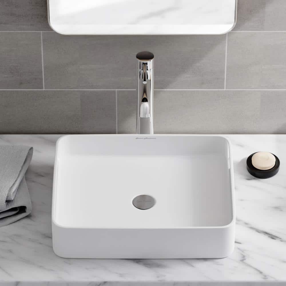 Glossy White Ceramic Rectangular Above-Counter Vessel Sink